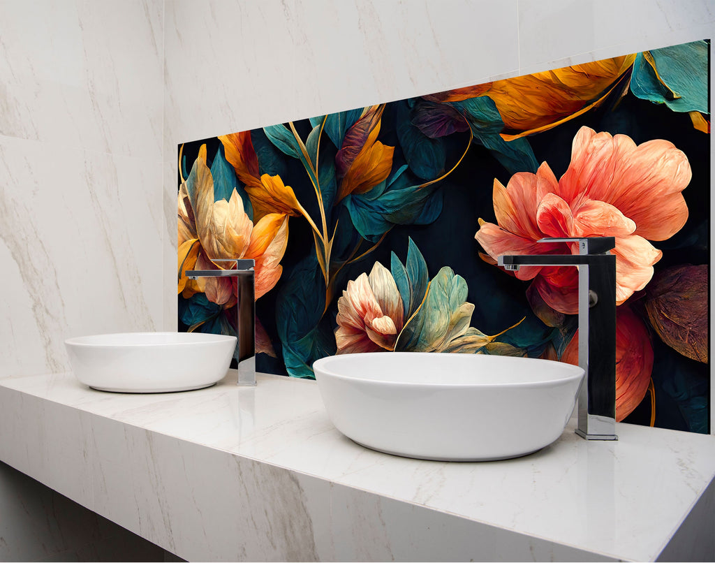 two white bowls on a counter with a floral wallpaper behind them