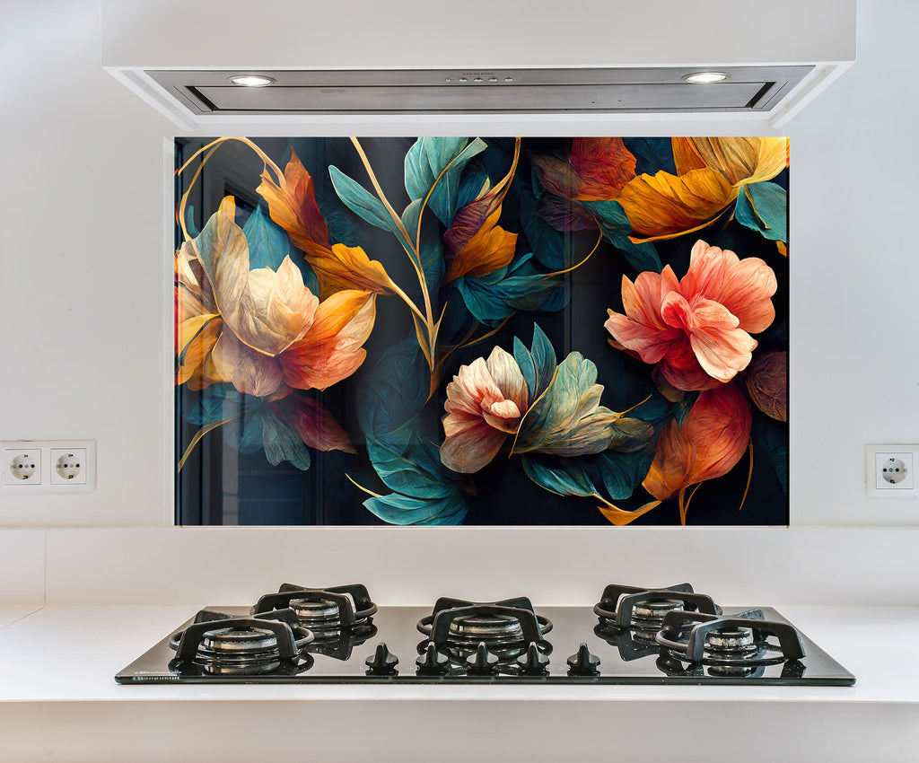 a painting of flowers on a wall above a stove