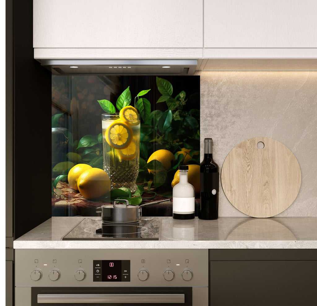 a kitchen counter with a glass vase of lemons and a cutting board