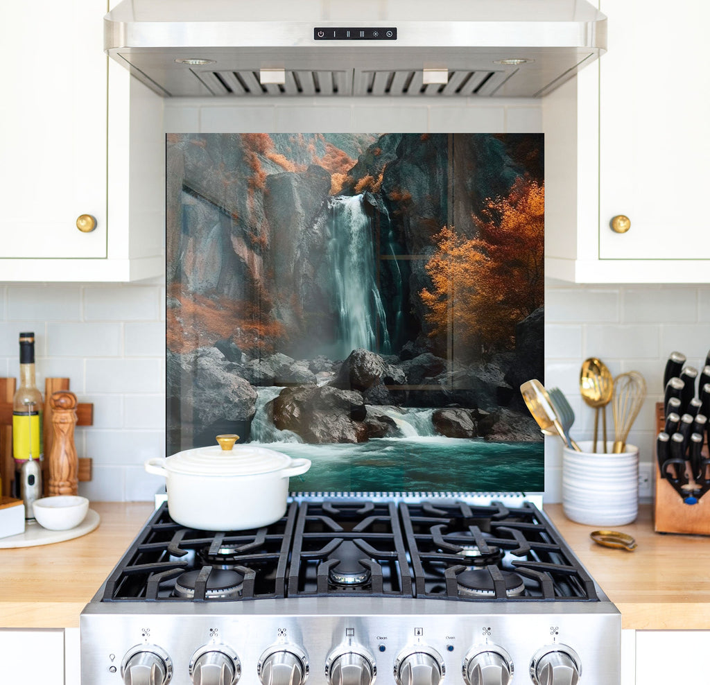 a stove top oven sitting under a painting on a wall