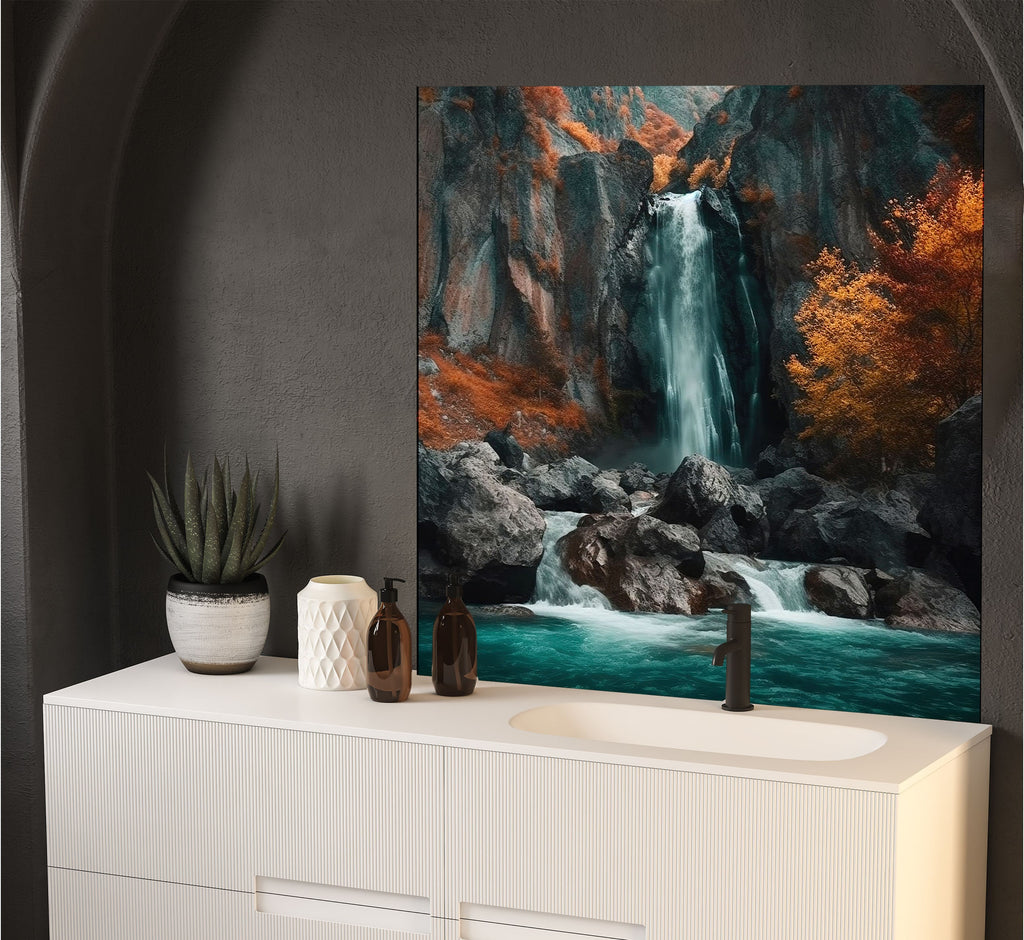 a picture of a waterfall in a room