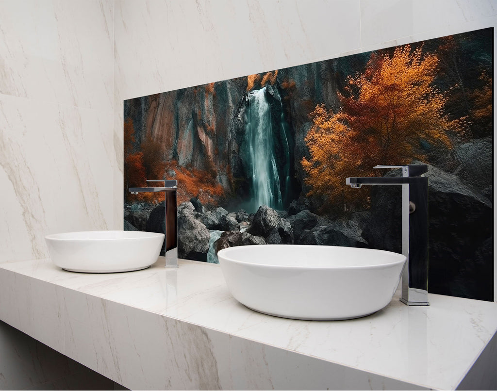 a bathroom with two sinks and a painting on the wall