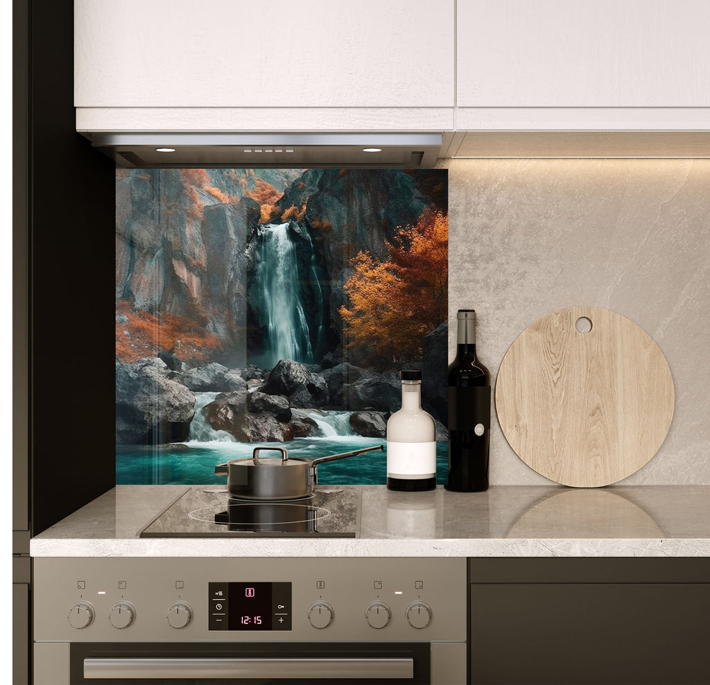 a stove top oven sitting under a painting on a wall