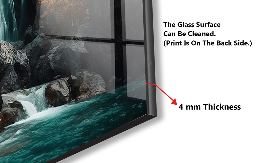 a picture of a waterfall in a glass case