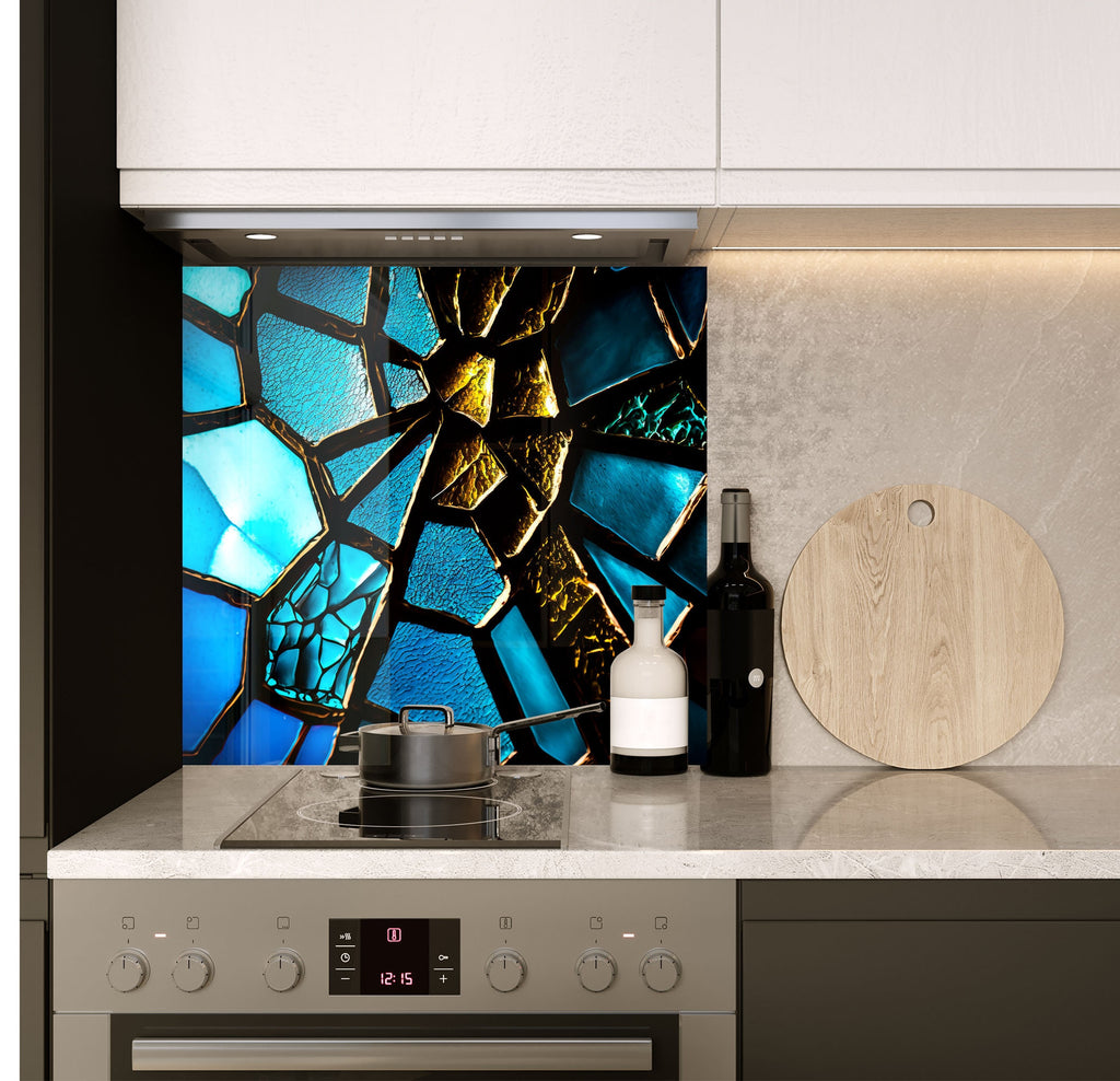 a stove top oven sitting under a stained glass window