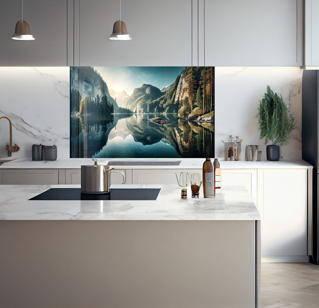 a kitchen with a large painting on the wall