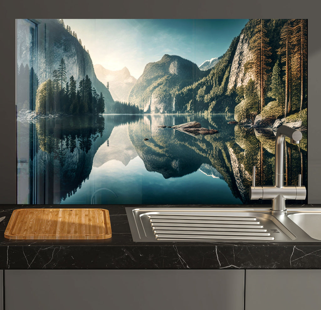 a kitchen counter with a sink and a painting on the wall