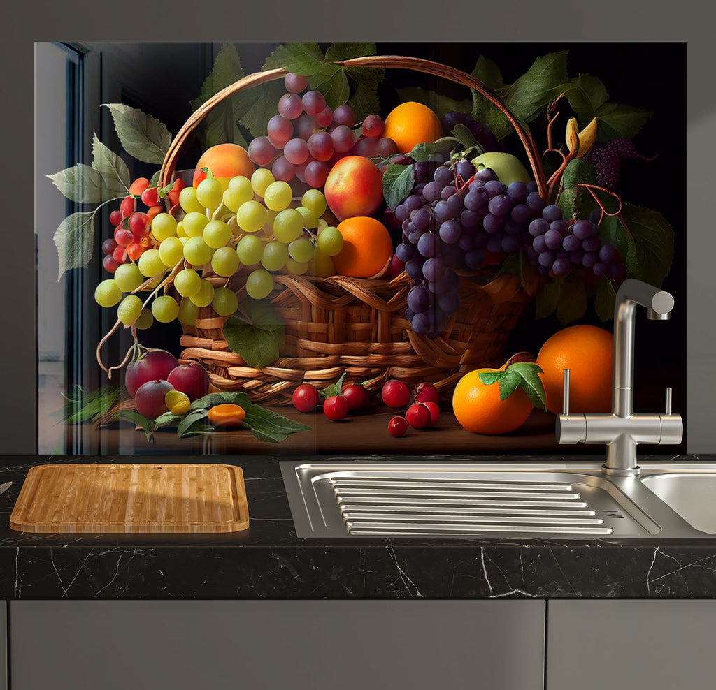 a painting of a basket of fruit on a kitchen counter