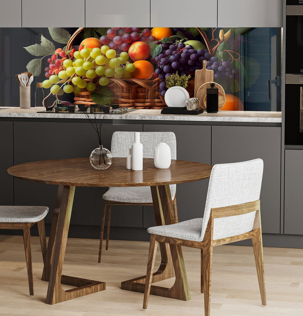 a kitchen with a table and chairs and a bunch of fruit on the counter