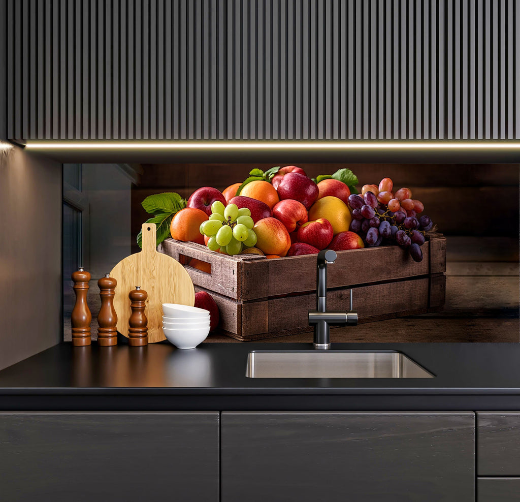 a crate of fruit sitting on top of a kitchen counter