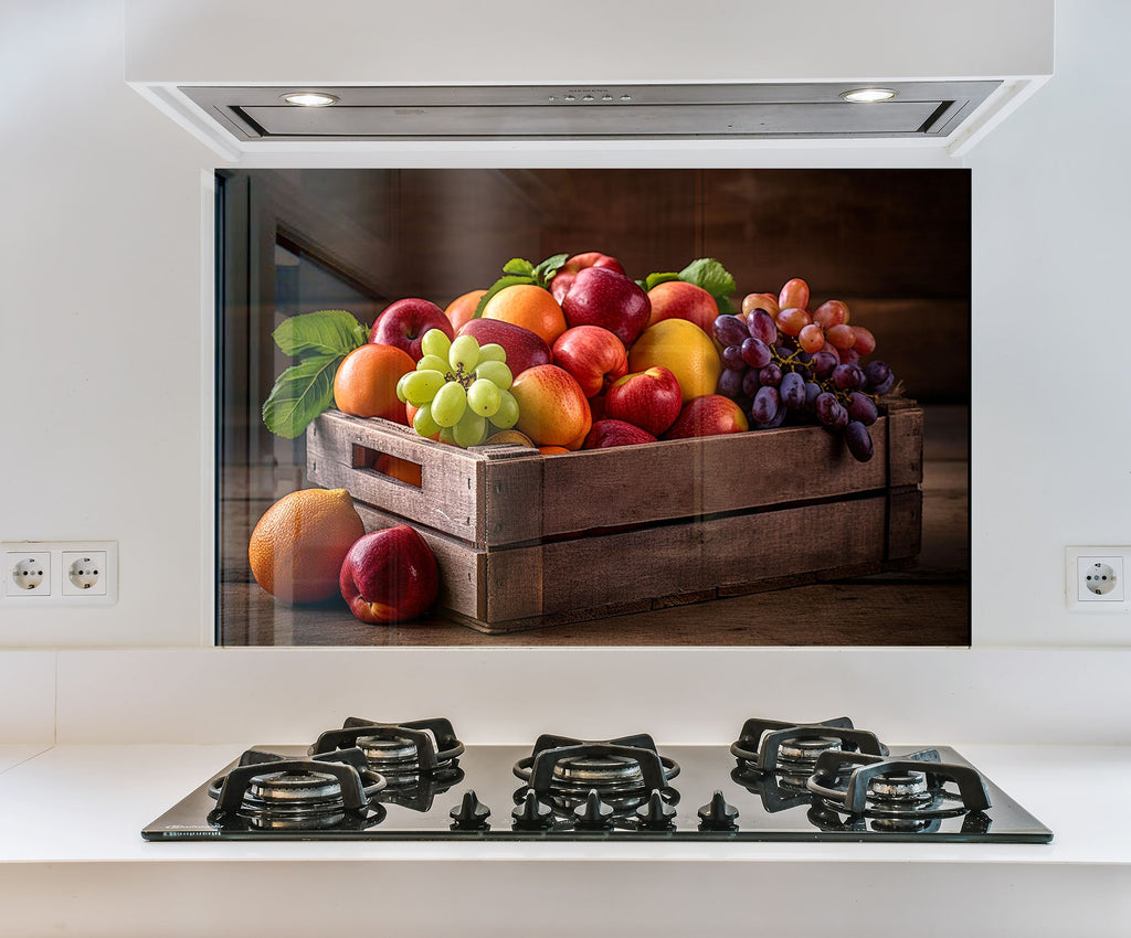 a painting of a crate of fruit on a stove