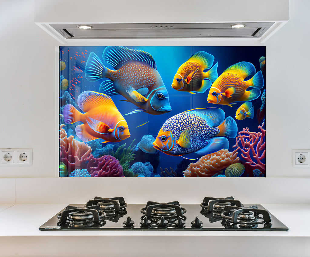 a painting of a group of fish on a wall above a stove