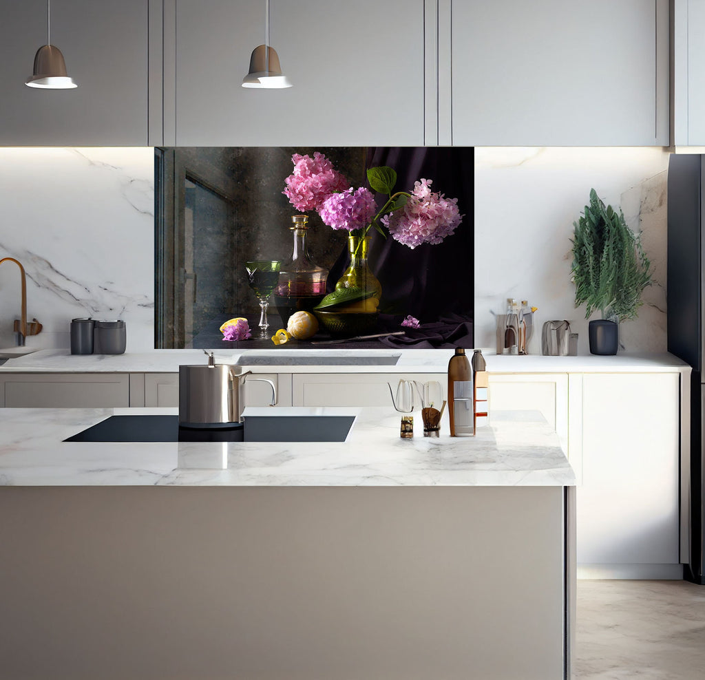 a kitchen with a marble counter top and a painting on the wall