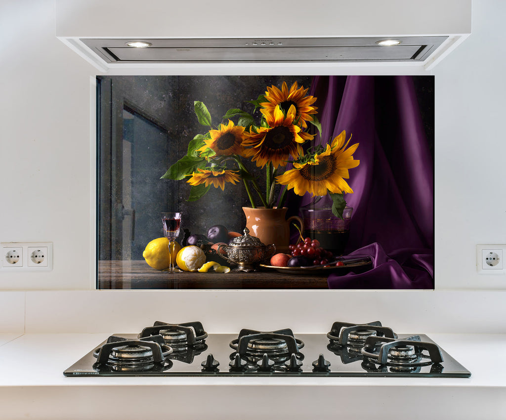 a vase of sunflowers sitting on top of a stove