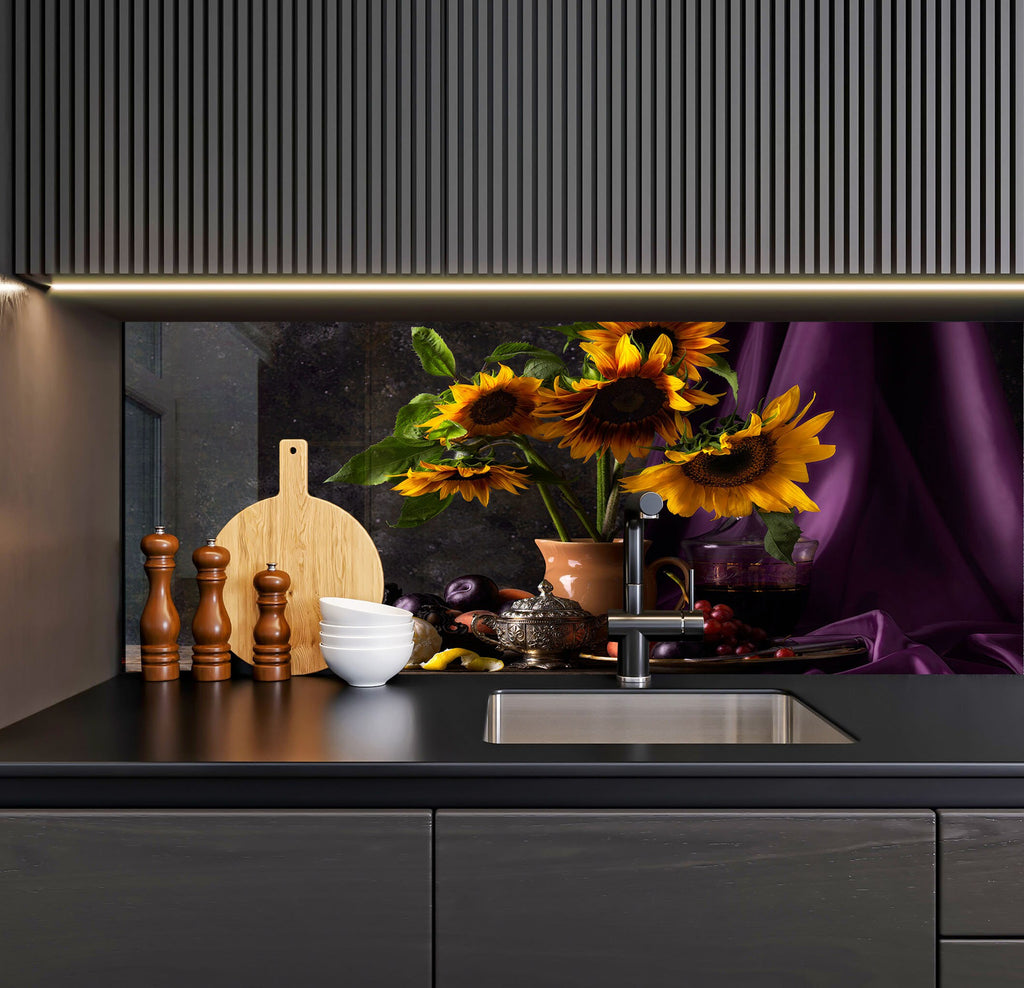 a kitchen counter with a vase of sunflowers on it