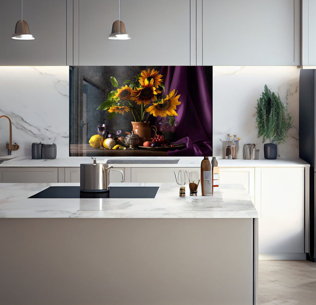 a picture of a vase of flowers on a kitchen counter