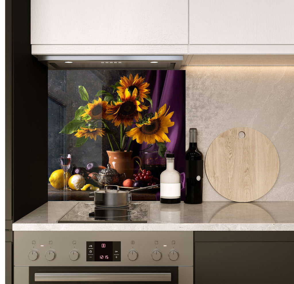 a vase of sunflowers sits on a kitchen counter