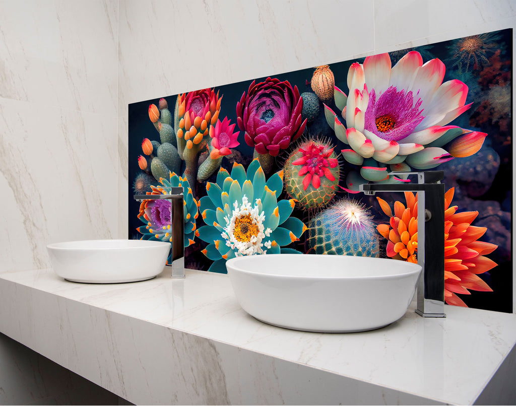 two white bowls on a counter with a wall mural behind them