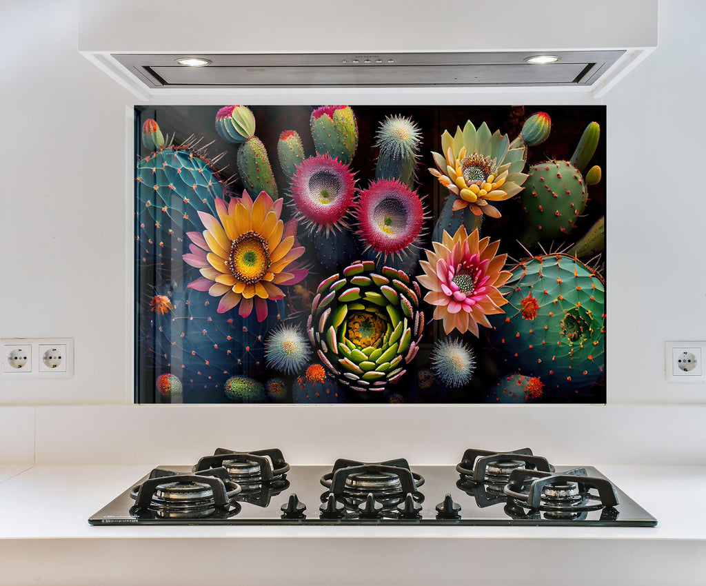 a picture of a kitchen with a painting of cactus flowers