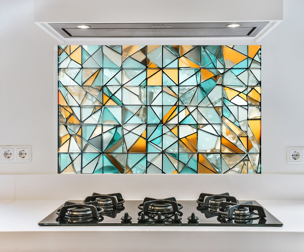 a kitchen with a stove top and a stained glass window