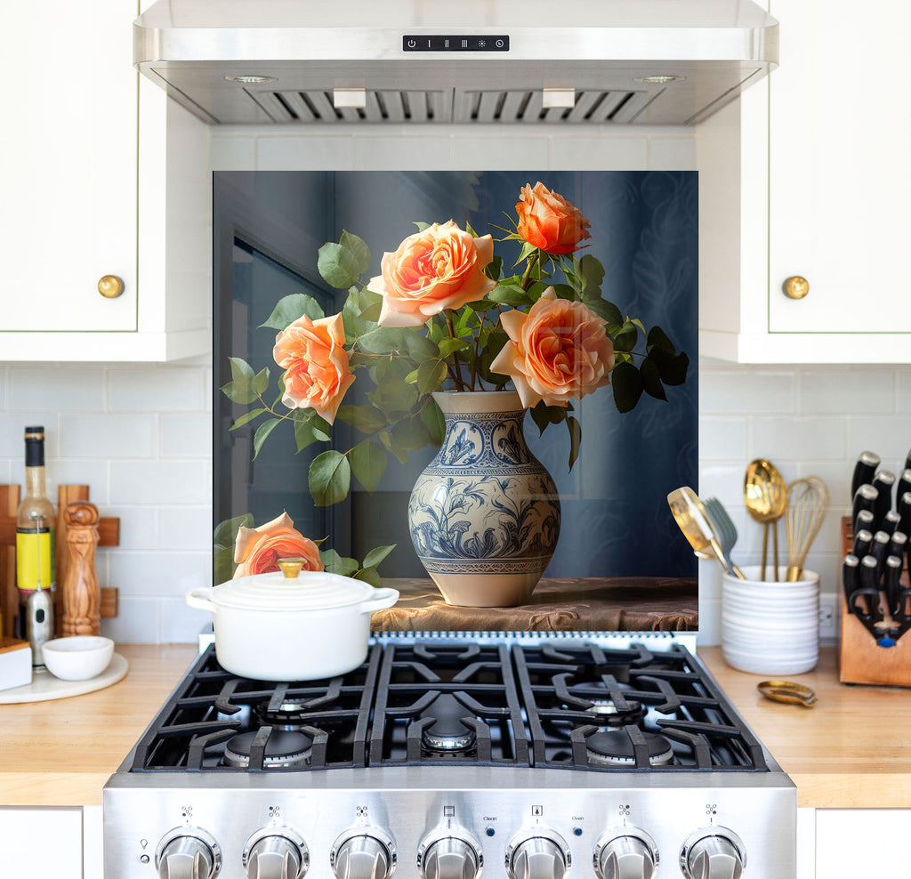 a vase of flowers sitting on top of a stove