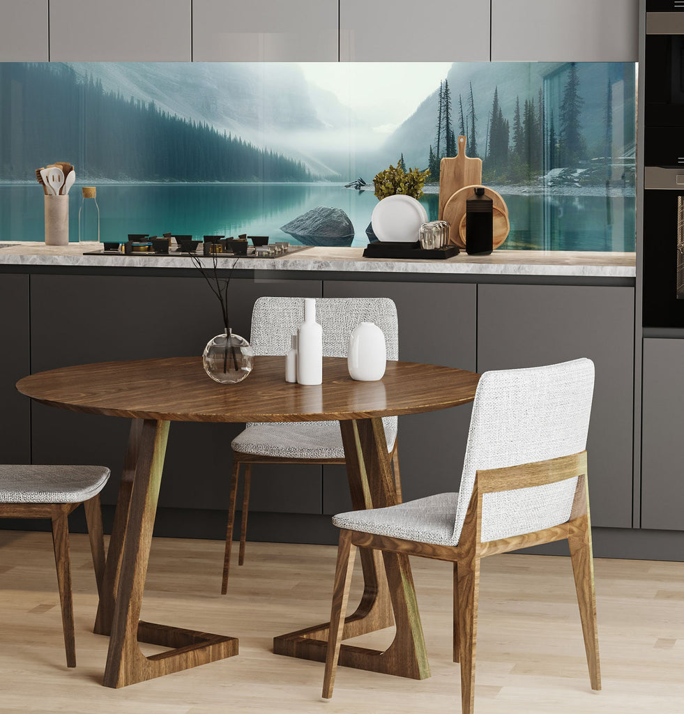 a kitchen with a wooden table and white chairs