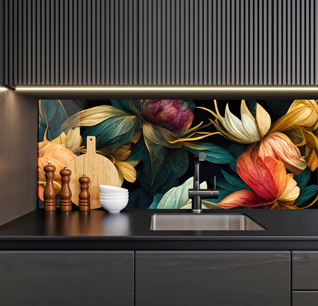 a kitchen with a sink and a wall mural