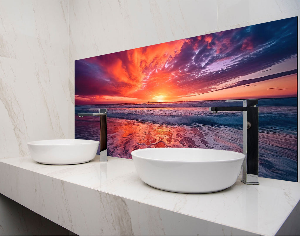 a bathroom with two sinks and a large picture on the wall