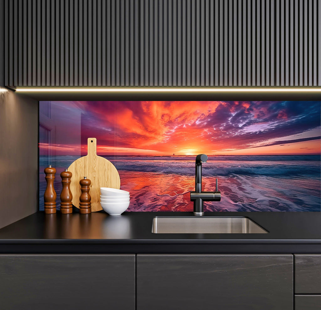 a kitchen with a sink and a painting on the wall