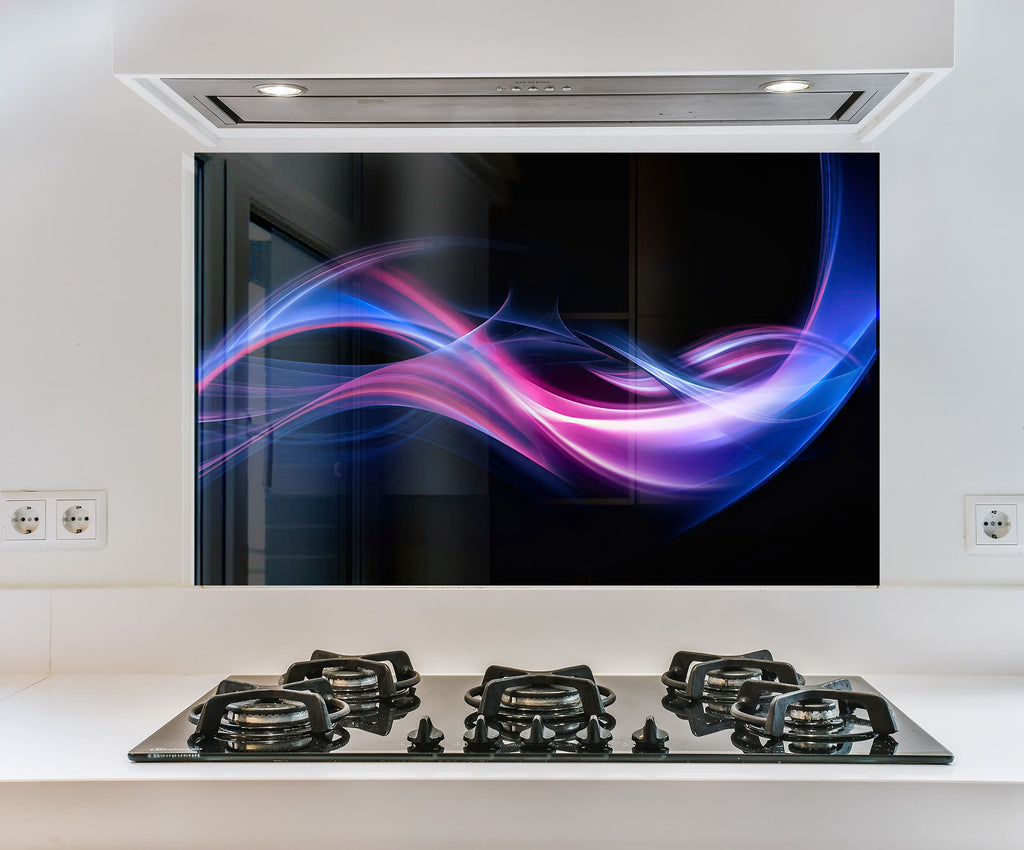 a picture of a blue and purple swirl on a wall above a stove