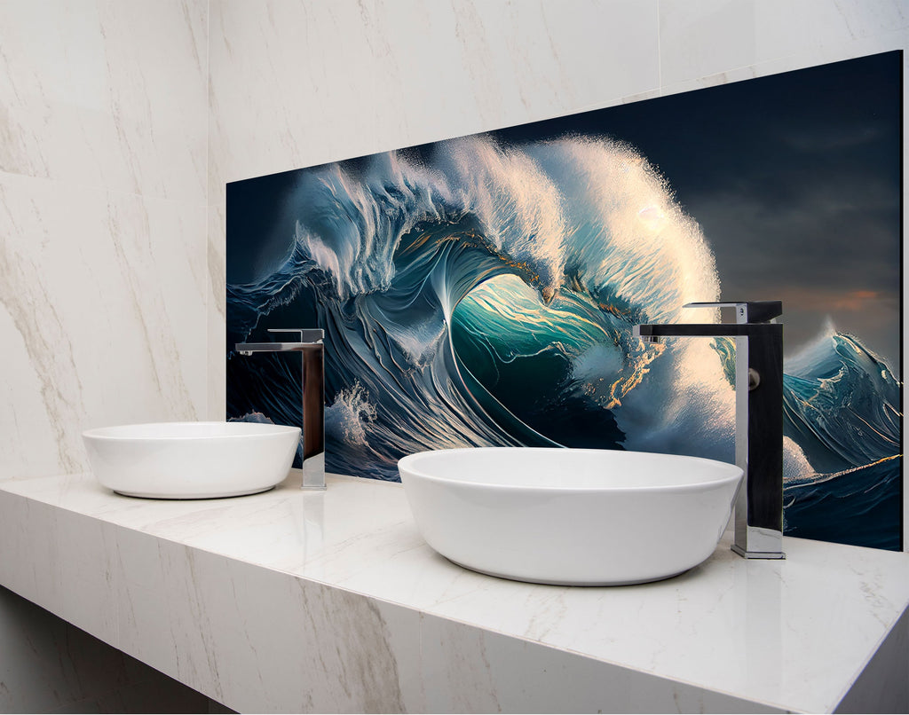 a bathroom with two sinks and a painting on the wall