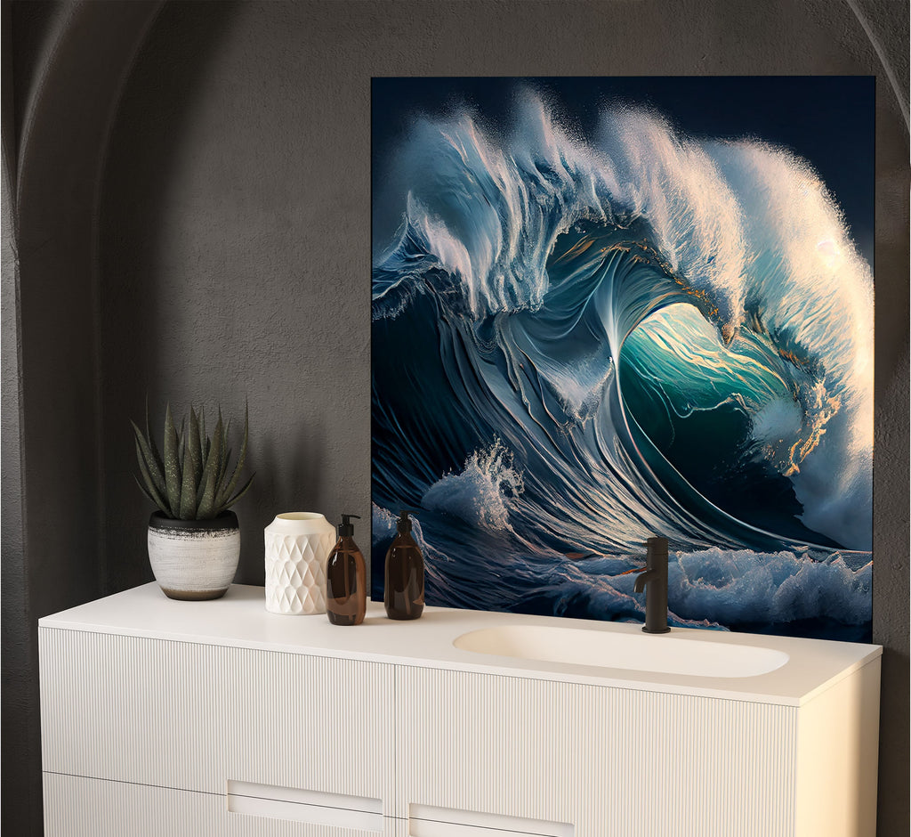 a painting of a wave on a wall above a sink