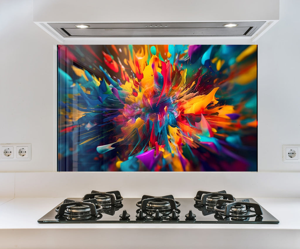 a picture of a colorful flower on a wall above a stove