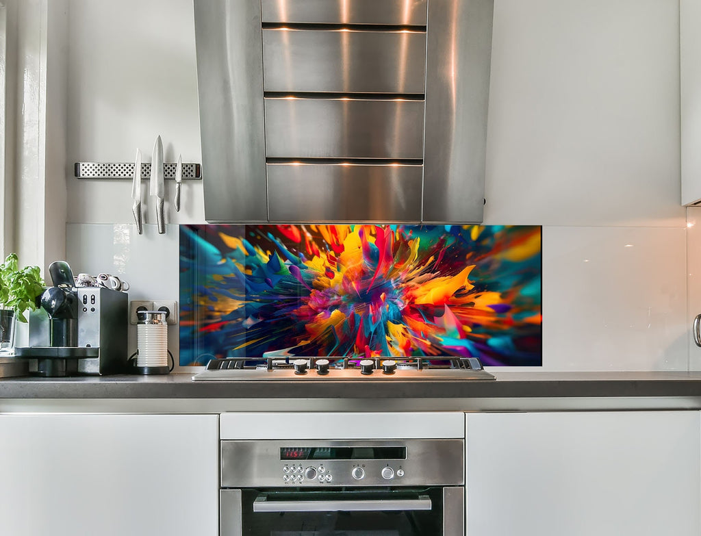 a kitchen with stainless steel appliances and a colorful painting on the wall