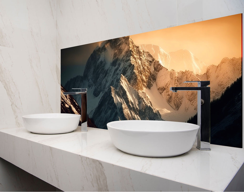 a bathroom with two sinks and a large picture on the wall