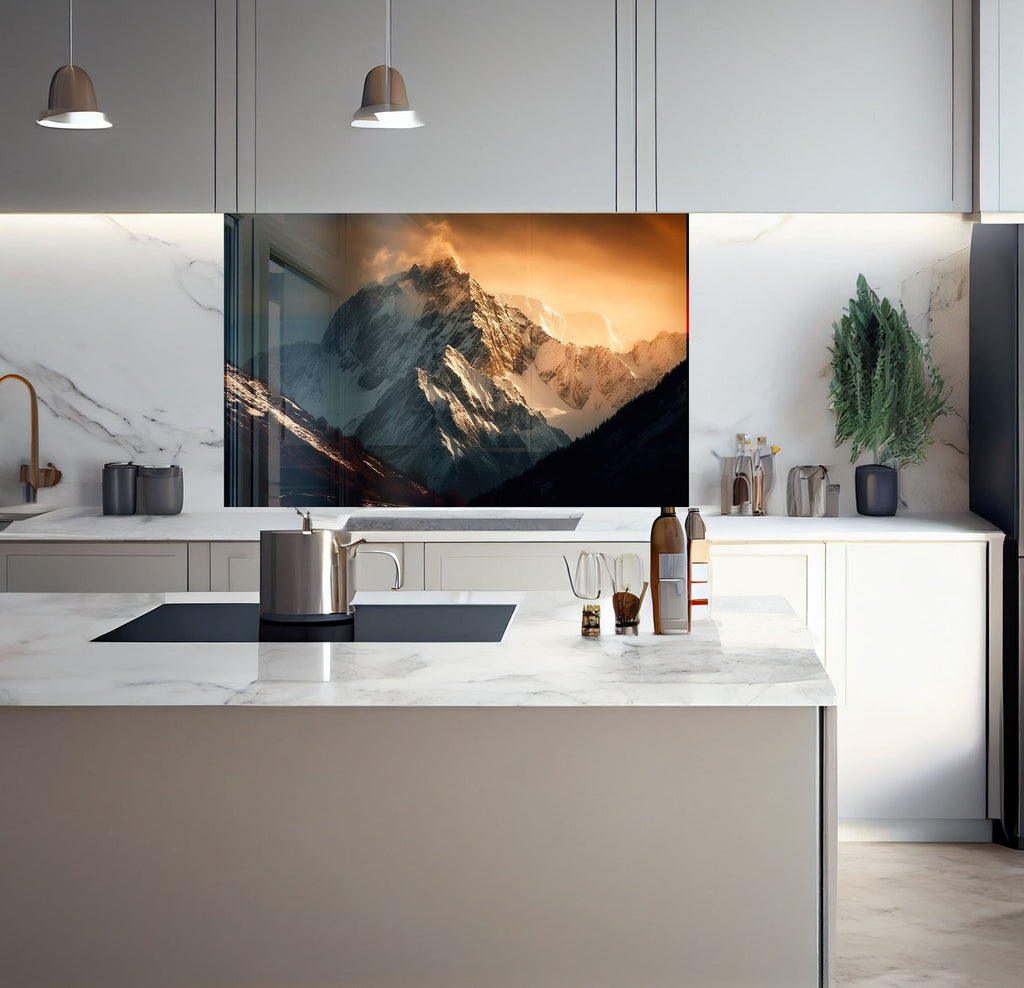 a kitchen with a large picture hanging on the wall