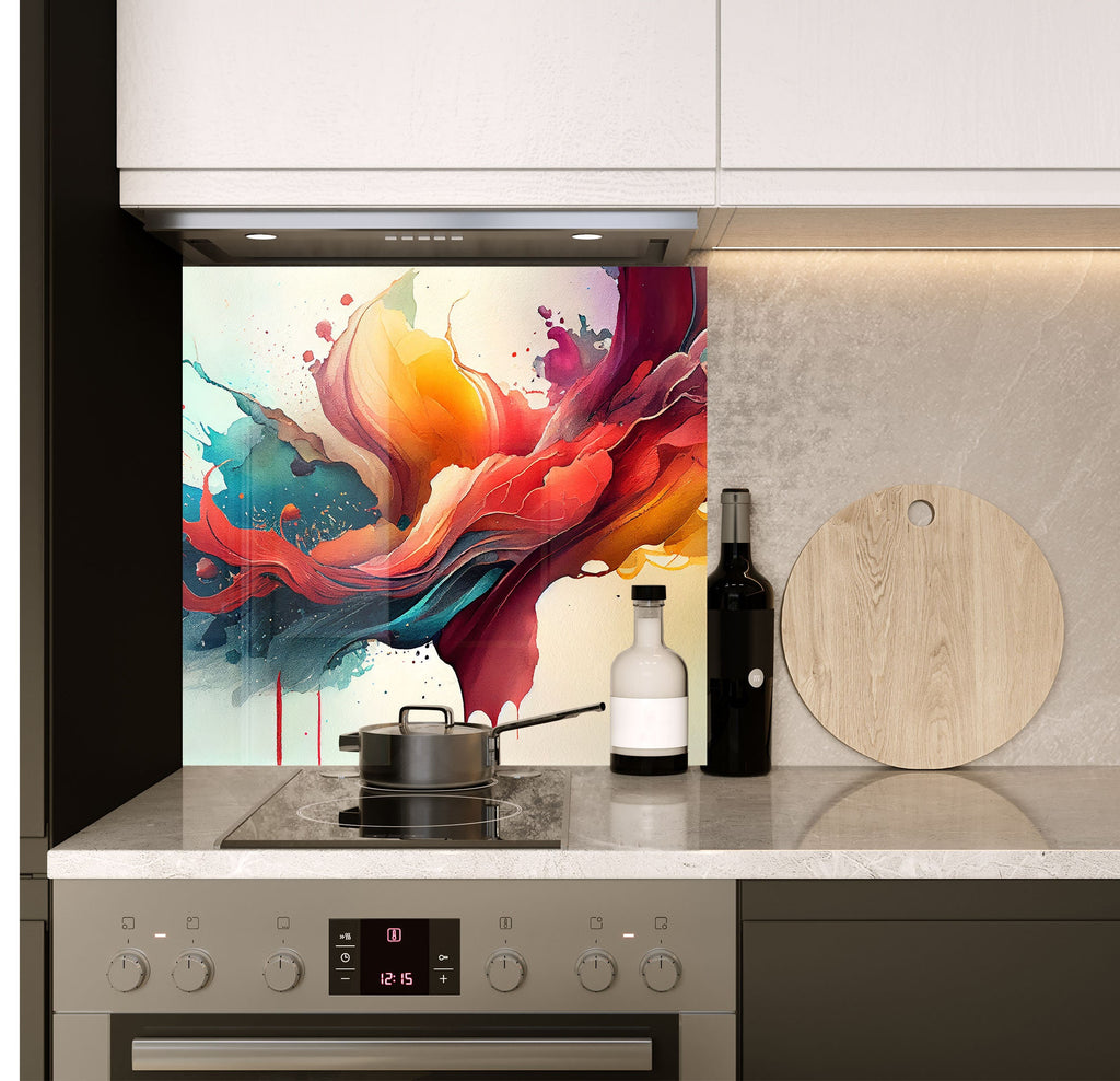 a stove top oven sitting under a painting on a wall