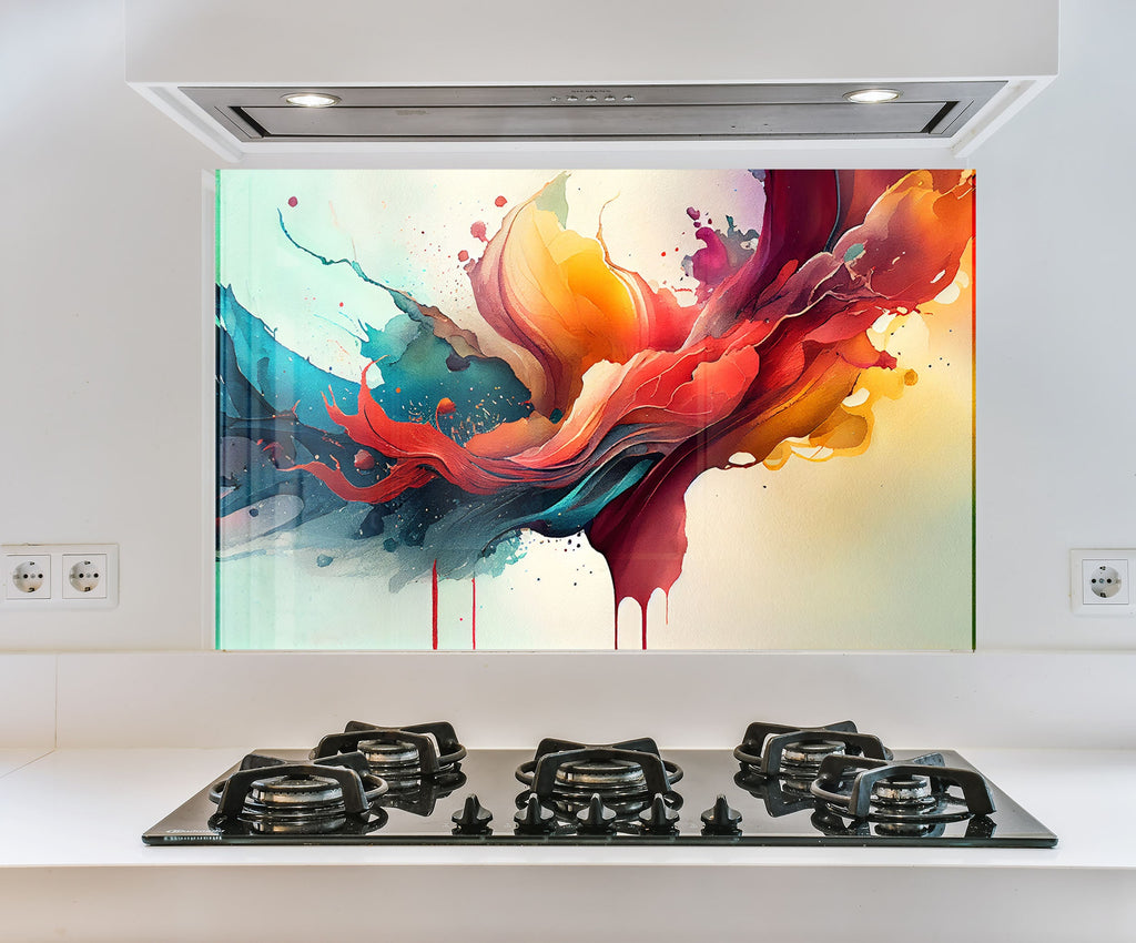 a painting on a wall above a stove top