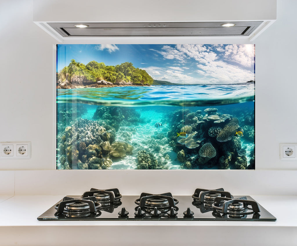 a picture of an underwater scene on the wall of a kitchen