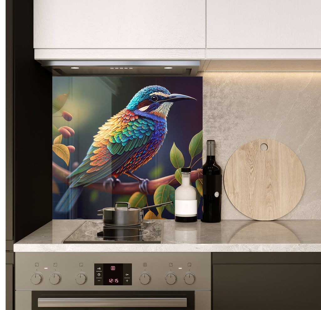 a colorful bird sitting on top of a kitchen counter