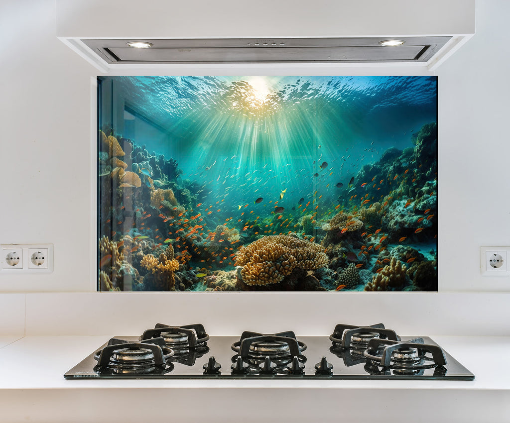 a picture of an underwater scene on a wall above a stove