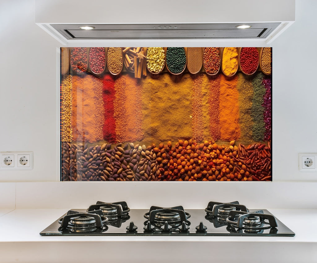 a picture of spices on a wall above a stove