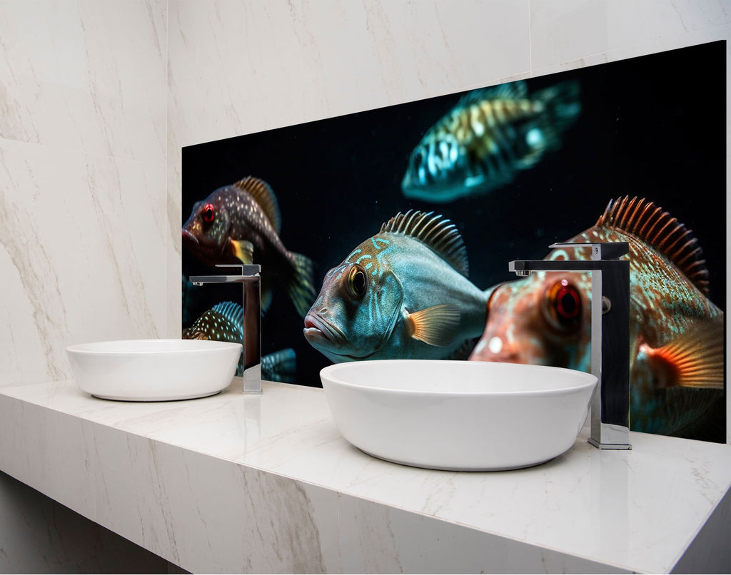 a bathroom with two sinks and a wall mural