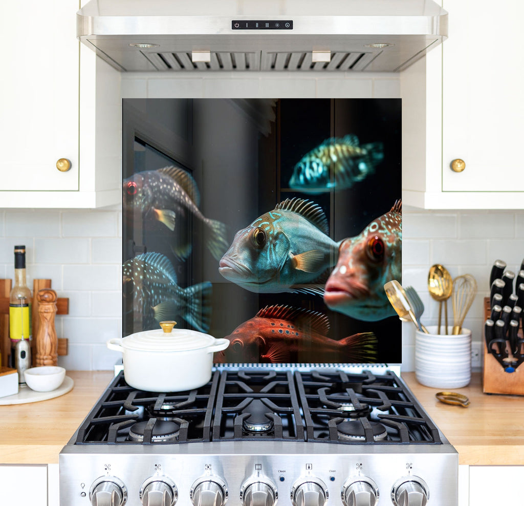 a picture of a fish is on the back of a stove