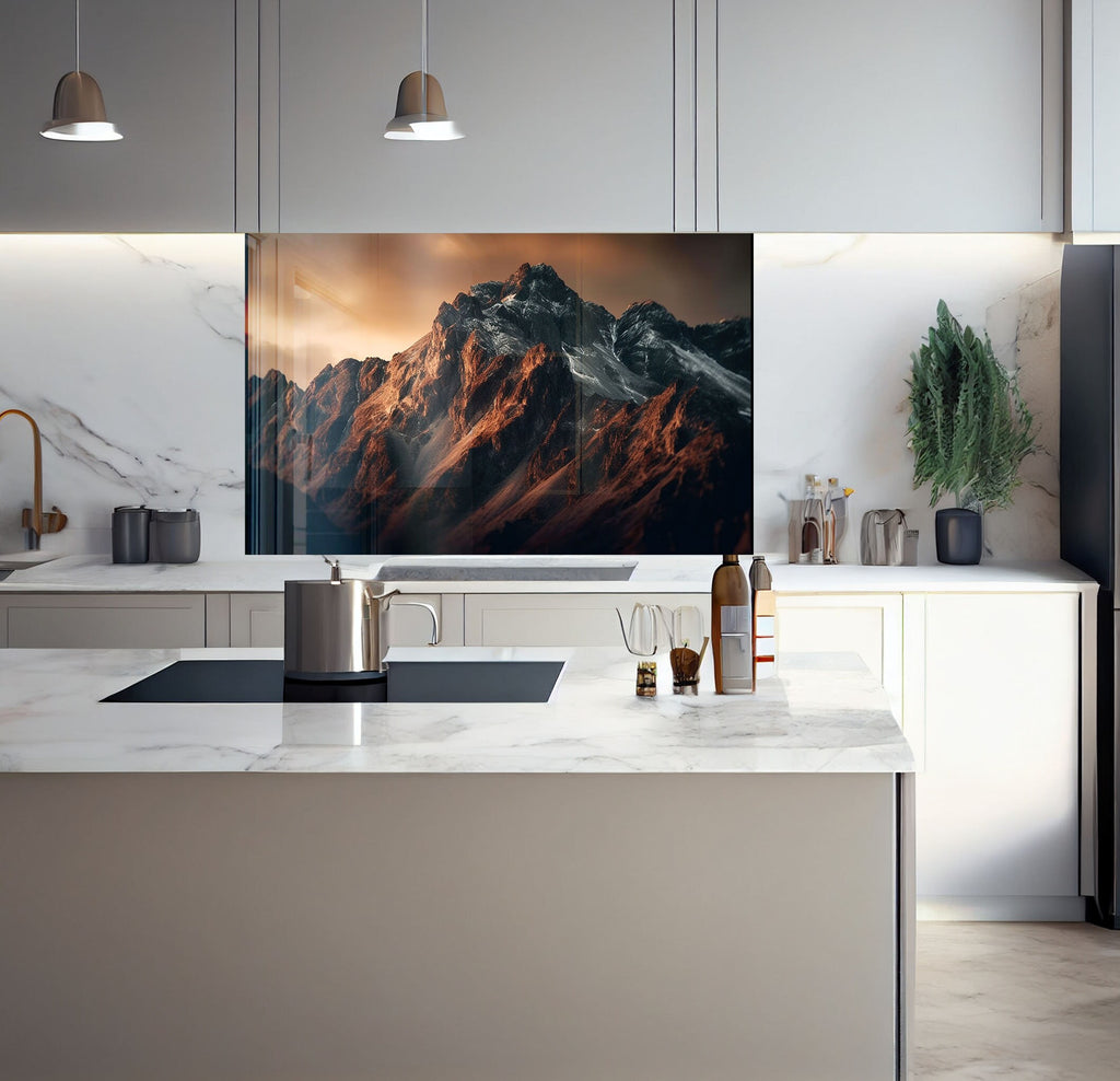 a kitchen with a large painting on the wall