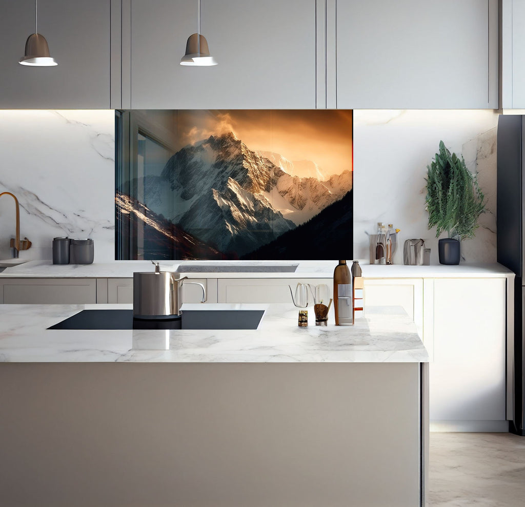 a kitchen with a large picture hanging on the wall