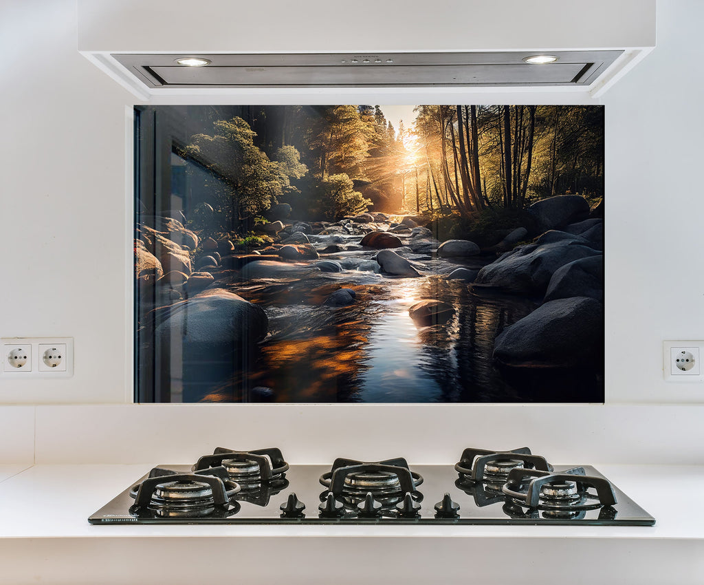 a stove top with a picture of a river in the background