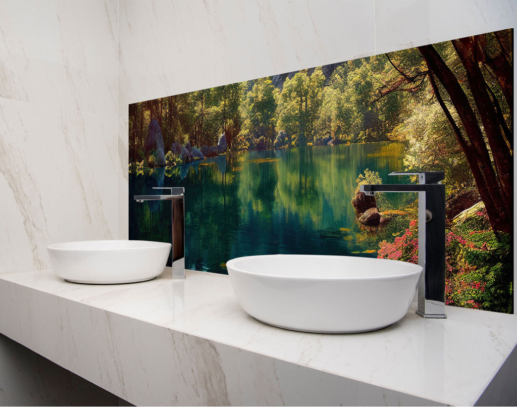 a bathroom with two sinks and a painting on the wall