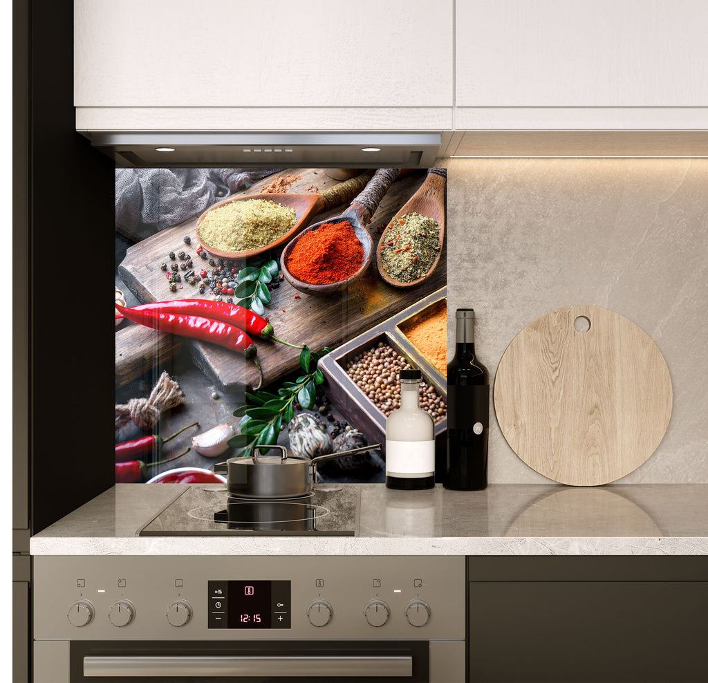 a kitchen counter with a cutting board and spices on it