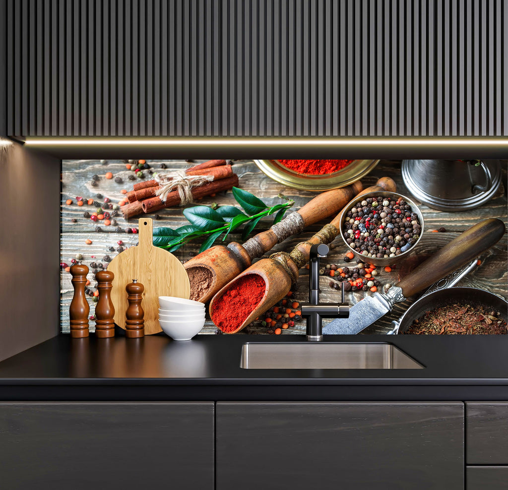 a kitchen counter with spices and spices on it